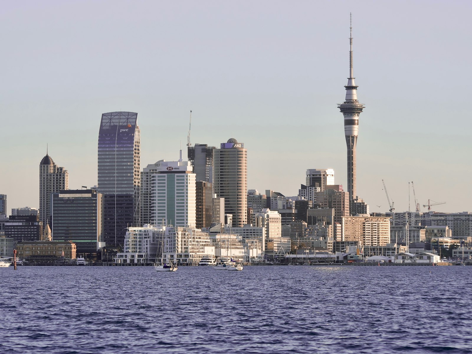 Auckland city skyline with the Sky Tower seen across the Waitematā Harbour